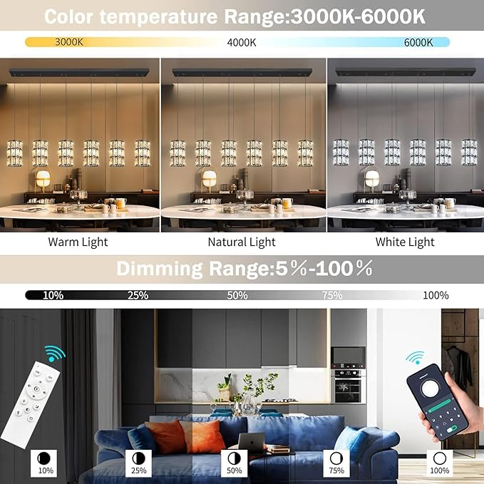 6-Lights Rectangle Modern Crystal Pendant Lights for Kitchen Island LED Dimmable Glam Pendant Lighting Chandelier for Dining Room Hallway Corner Lamp Black