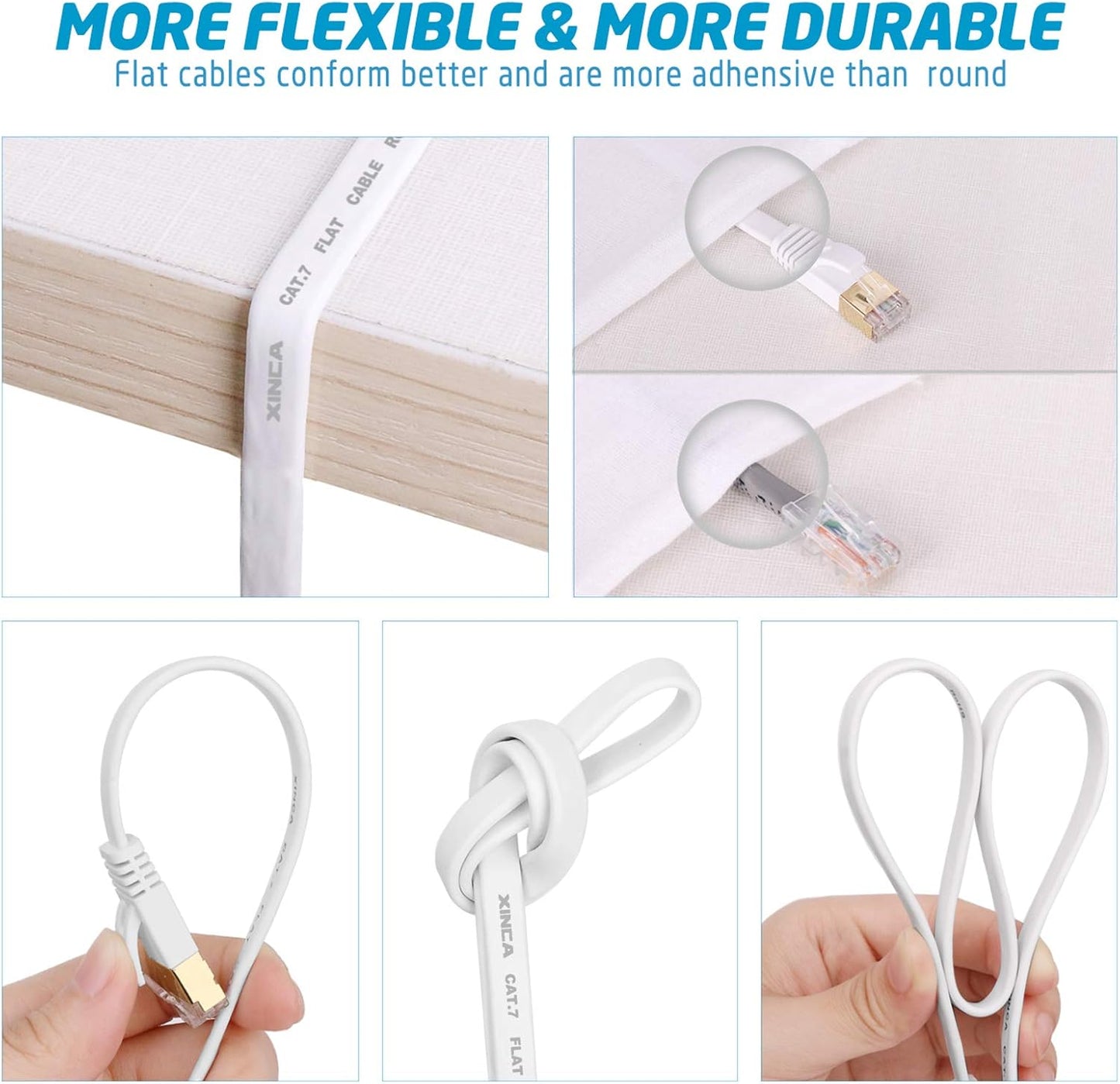 Cat 7 Flat Ethernet Cable 50ft White, High Speed 10GB Shielded (STP) LAN Internet Network Cable Ethernet Patch Computer Cable with Rj45 Connectors and 25pcs Adhesive Cable Clips