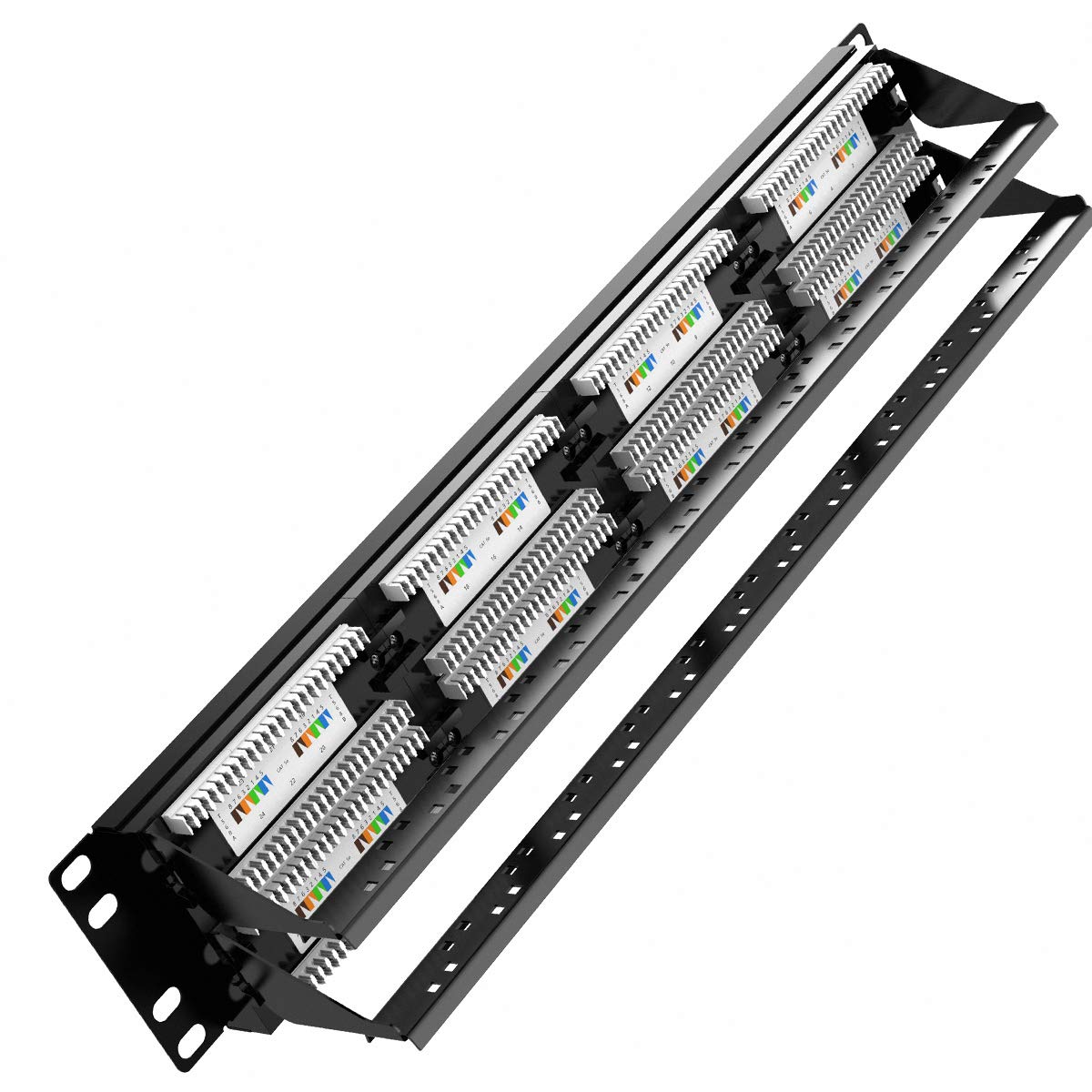 AMPCOM Premium Series CAT5/5e 48 Ports Patch Panel, Rack Mount - 2U, 19 inch, RJ45 Ethernet 568A 568B, 30u Gold Plated, with Rear Cable Support Bar