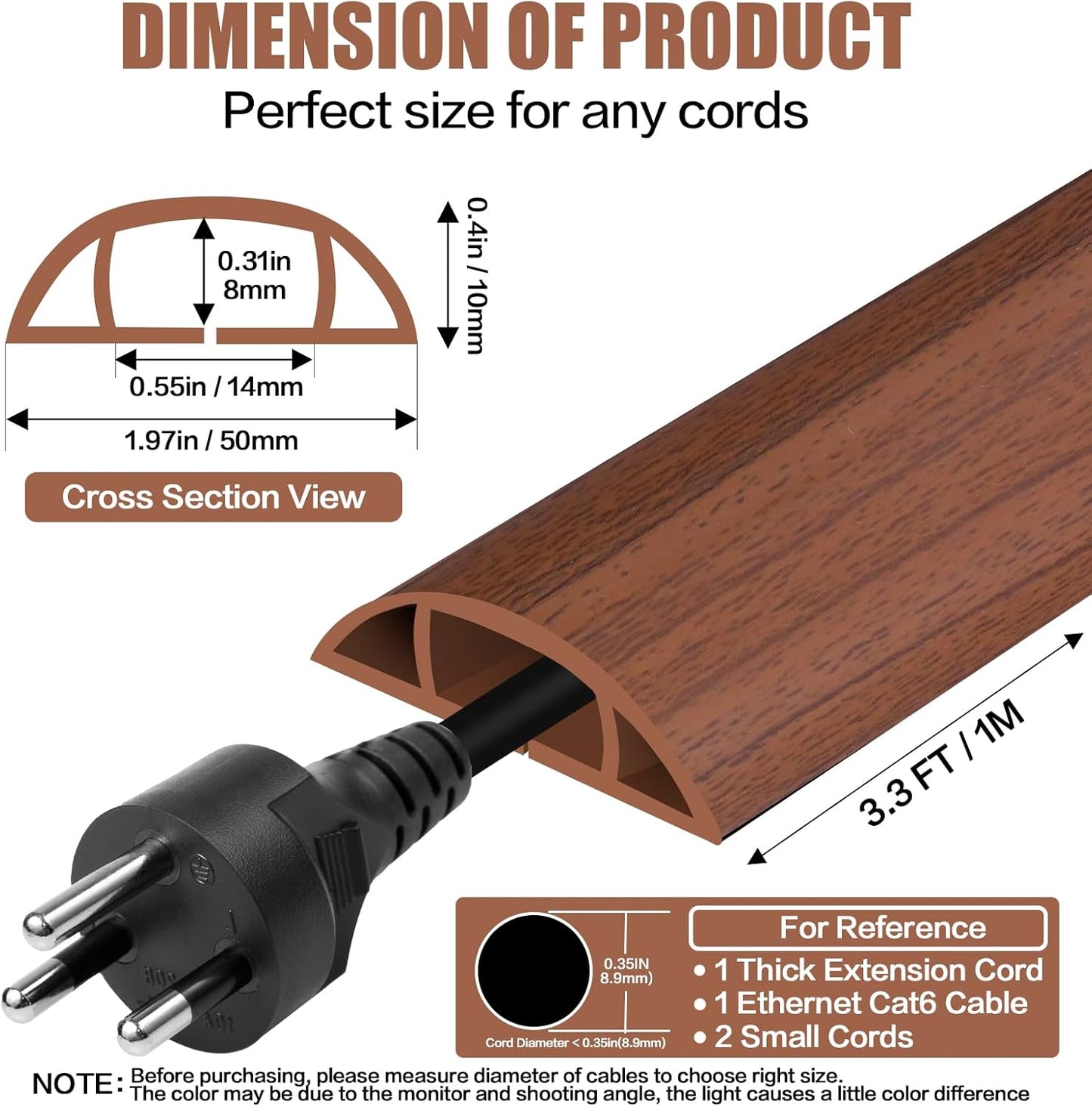 Floor Cord Cover Self Adhesive Cord Hider,3.3FT Cable Management, Extension Strip Protector for Wires, Prevent Cable Trips for Offices, Gyms, Exhibitions Cavity:0.47"(W) x0.35(H) Wood Red Teak