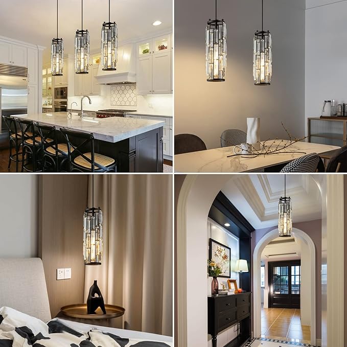 Pendant Lights Modern Black Pendant Light Mini Crystal Chandelier Pendant Lighting for Kitchen Island Dinning Room Bedroom Kitchen Sink Lighting (Black 2-Pack)