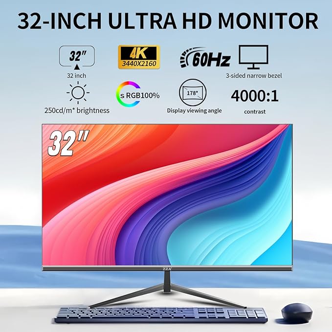 ZZA 32 Inch Computer Monitor, 4K Monitor 60HZ UHD(3840 * 2160P) 3000R IPS Screen with Ultra-Thin Bezels,HDR10,HDMI/DP Ports, Tilt Adjustable, Eyecare, Ideal for Business, Office, and Casual Gaming