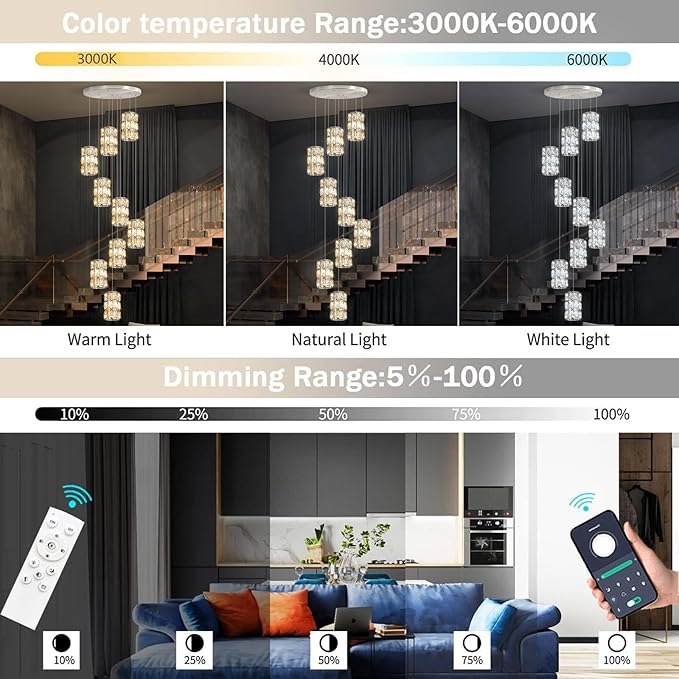 9-Lights Modern Crystal LED Dimmable for Staircase Foyer High Ceiling Chandeliers Hallway Nickel