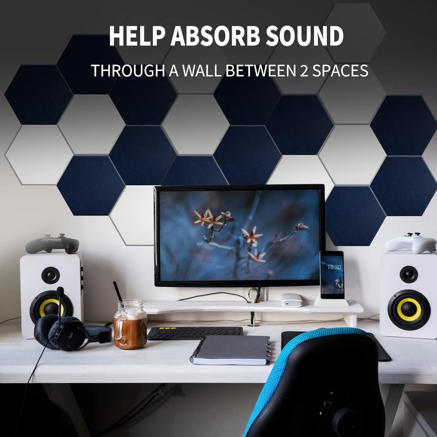 Mollywell Hexagon Acoustic Panels, High Density, Soundproofing, Decorative Noise Reduction Felt Wall Tiles for Ceilings, Home Office & Gaming Room (Hatsune Green), 14x12x0.4 Inch