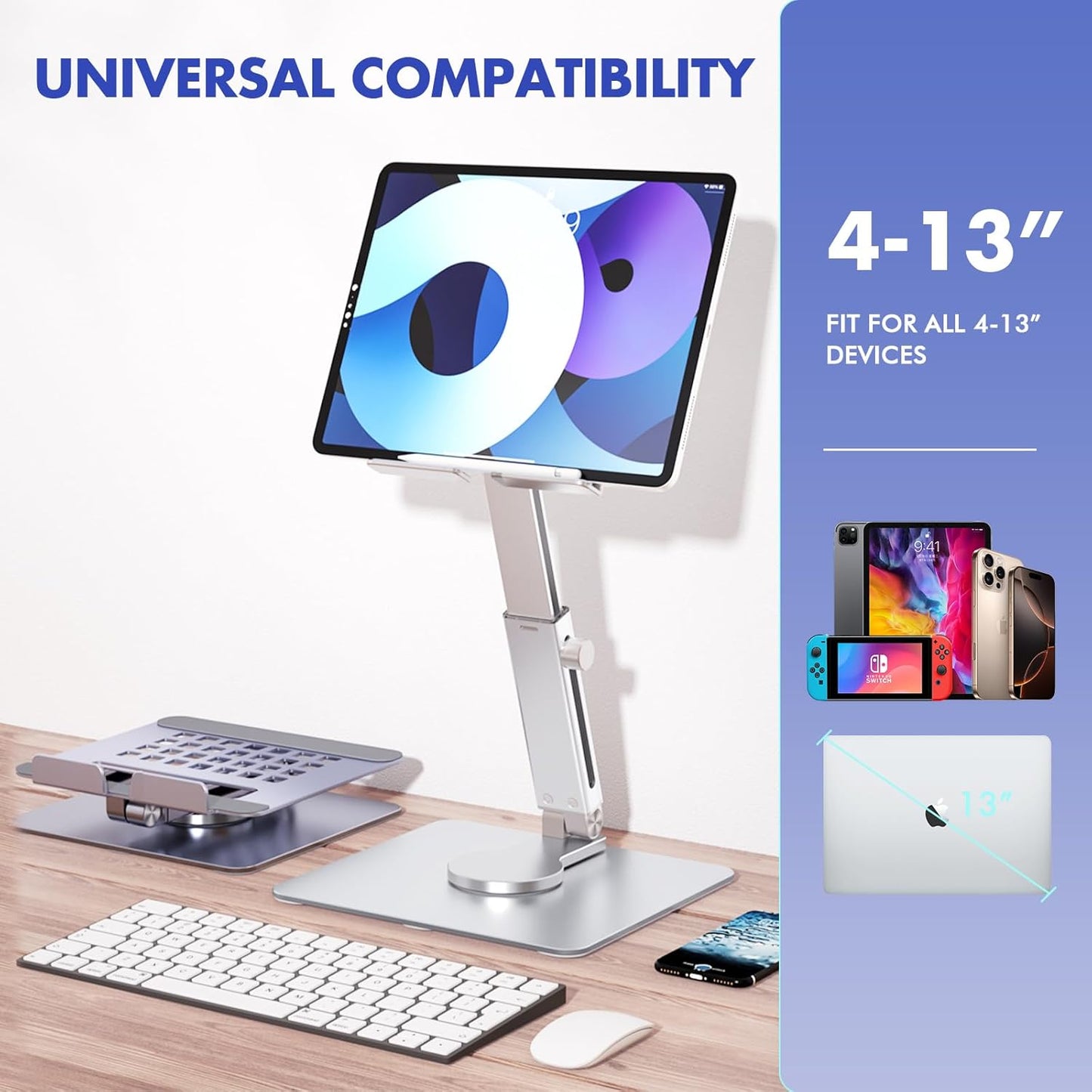 GuaziV 360° Rotating Tablet Stand - Adjustable iPad Tablet Holder for Desk, Foldable iPad Swivel Stand for Home & Office (Sleek Silver)