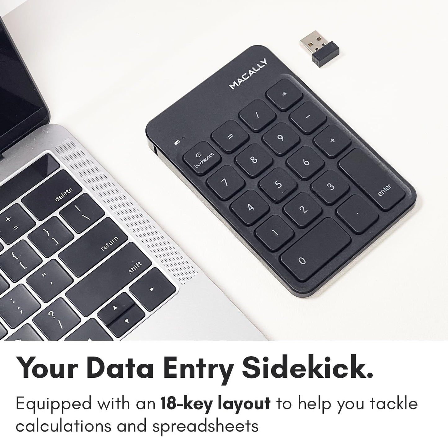 Macally Wireless Number Pad | Numeric Keypad | Wireless 10 Key for Laptop PC Computer Notebook Surface Chrome (2.4G USB) Perfect for Data Entry Numpad Number Keyboard