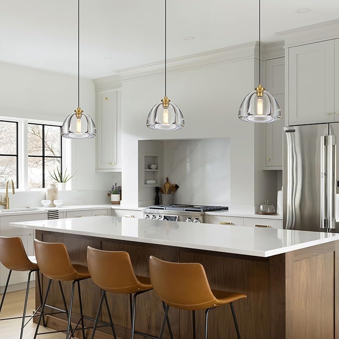 Crystal Pendant Light Kitchen Island: 7" Dimmable Vintage Brass Hanging Lights above Dining Table - Modern K9 Crystals Lighting - Luxury Gold Hemispher Pendants Light Fixtures 3000K E12 Bulbs Included