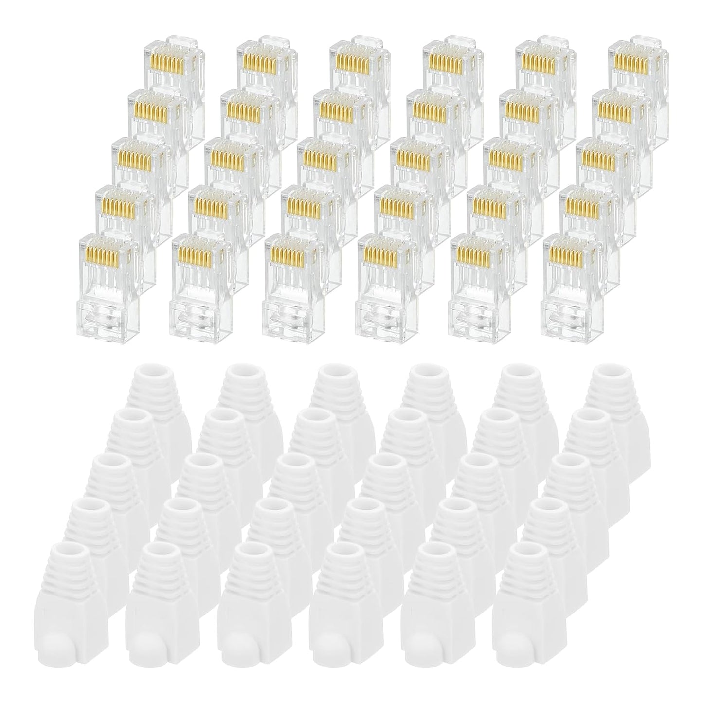 MECCANIXITY 30pcs Cat6 RJ45 Pass Through Connectors, RJ45 Connector 8P8C Gold Plated Plugs with 30pcs White Strain Relief Boots for Solid or Stranded UTP Ethernet Cable, 1.1mm