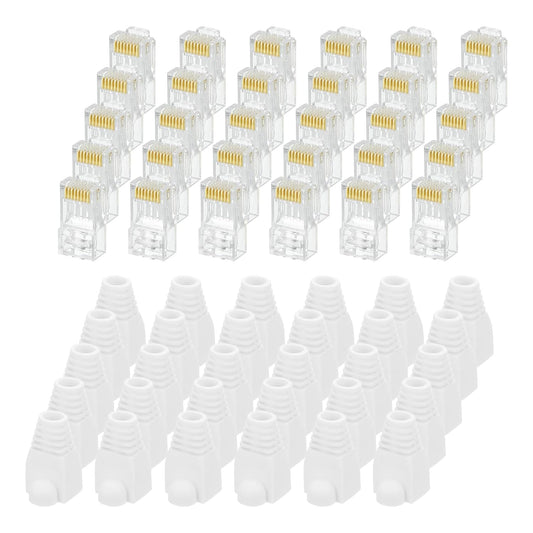 MECCANIXITY 60pcs Cat6 RJ45 Pass Through Connectors, RJ45 Connector 8P8C Gold Plated Plugs with 60pcs White Strain Relief Boots for Solid or Stranded UTP Ethernet Cable, 1.1mm