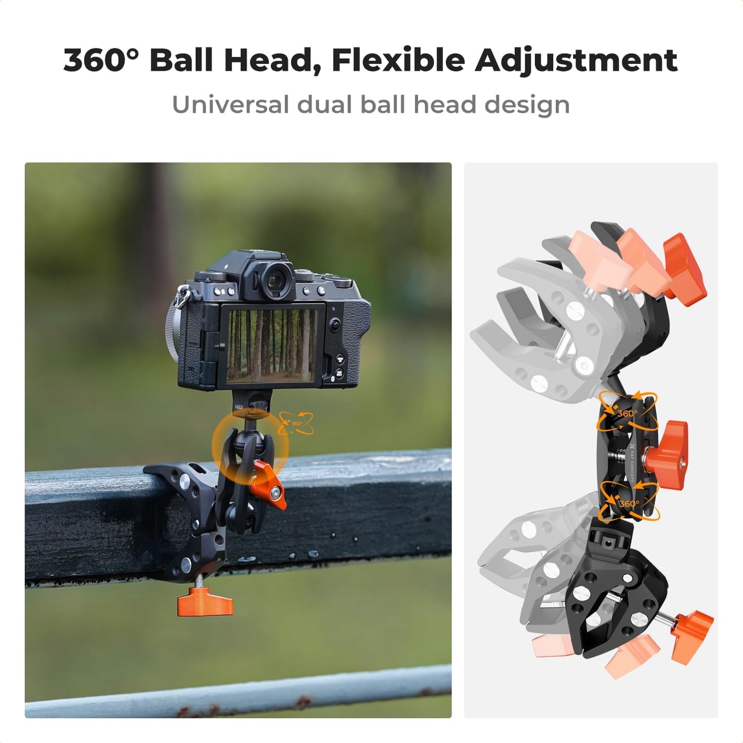 K&F CONCEPT Double Super Clamp Camera Mount with 1/4" Threads Metal Clamp for Chair, Pole, Tripod, Desk, Flag, Umbrella, Motorcycle Mount