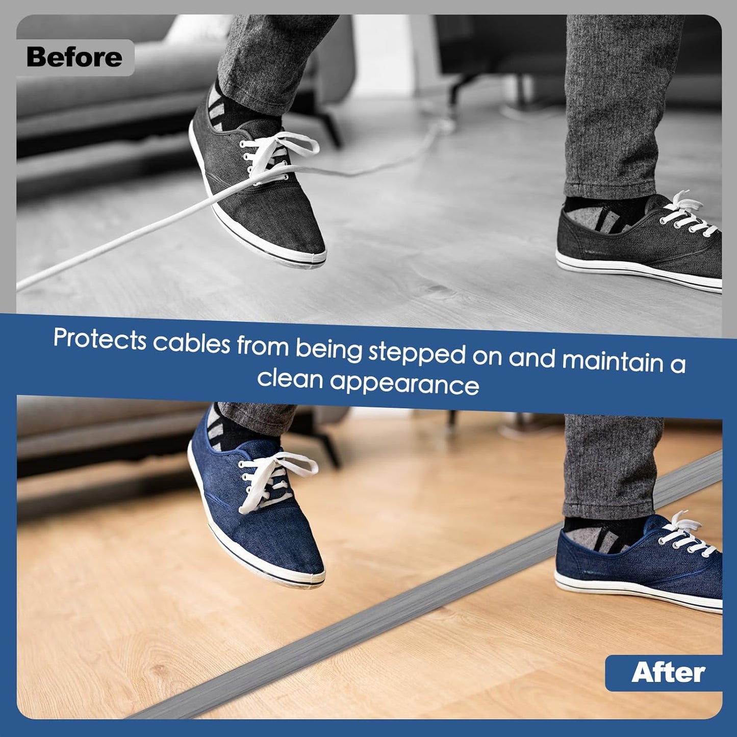 Floor Cord Cover for Wires on Floor Self Adhesive Cord Hider Floor Cable Management Wire Covers for Cords Protector Prevent Cable Trips Cord Cavity W 0.47" x H 0.27", Gray Wood, 3.3Ft
