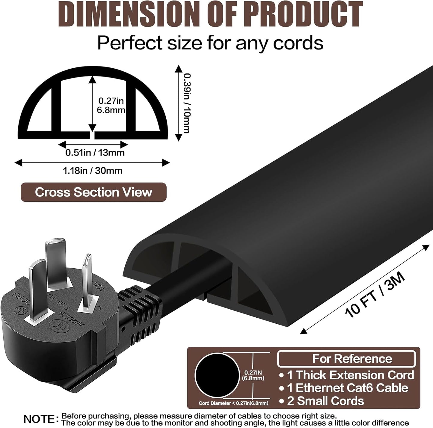 Floor Cord Cover Self Adhesive Cord Hider,10FT Cable Management, Extension Strip Protector for Wires, Prevent Cable Trips for Offices, Gyms, Exhibitions Cavity:0.39"(W) x 0.27"(H) Black