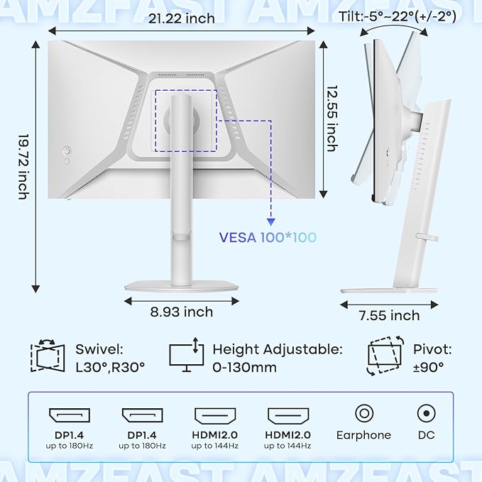 Amzfast 24 Inch Gaming Monitor 180Hz QHD 2k 2560 ×1440p Monitor, 1ms G-SYNC Compatible,Built-in Speakers,96% DCI-P3,Height Adjustable, VESA Mount, IPS Monitor with HDMI 2.0 x 2 & DP 1.4 x 2, AMZG24F6Q