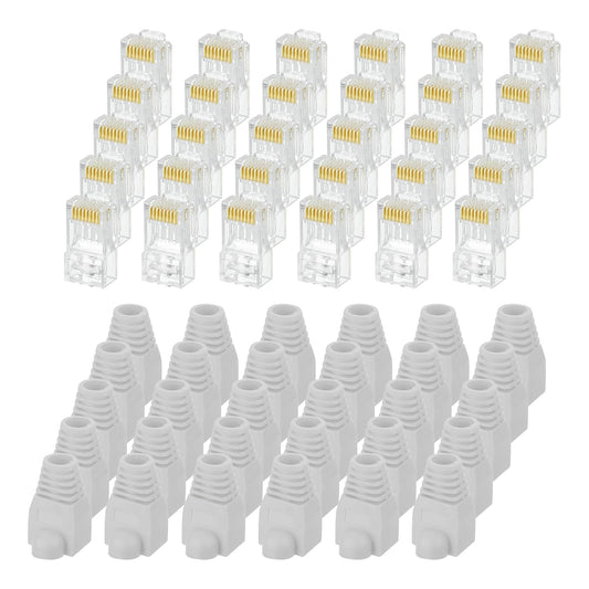 MECCANIXITY 100pcs Cat6 RJ45 Pass Through Connectors, RJ45 Connector 8P8C Gold Plated Plugs with 100pcs Light Grey Strain Relief Boots for Solid or Stranded UTP Ethernet Cable, 1.1mm