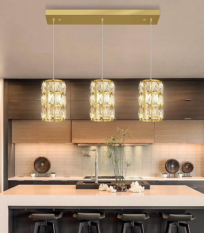 3-Lights Rectangle Modern Crystal Pendant Lights for Kitchen Island LED Dimmable Glam Pendant Lighting Chandelier for Dining Room Hallway Corner Lamp Gold