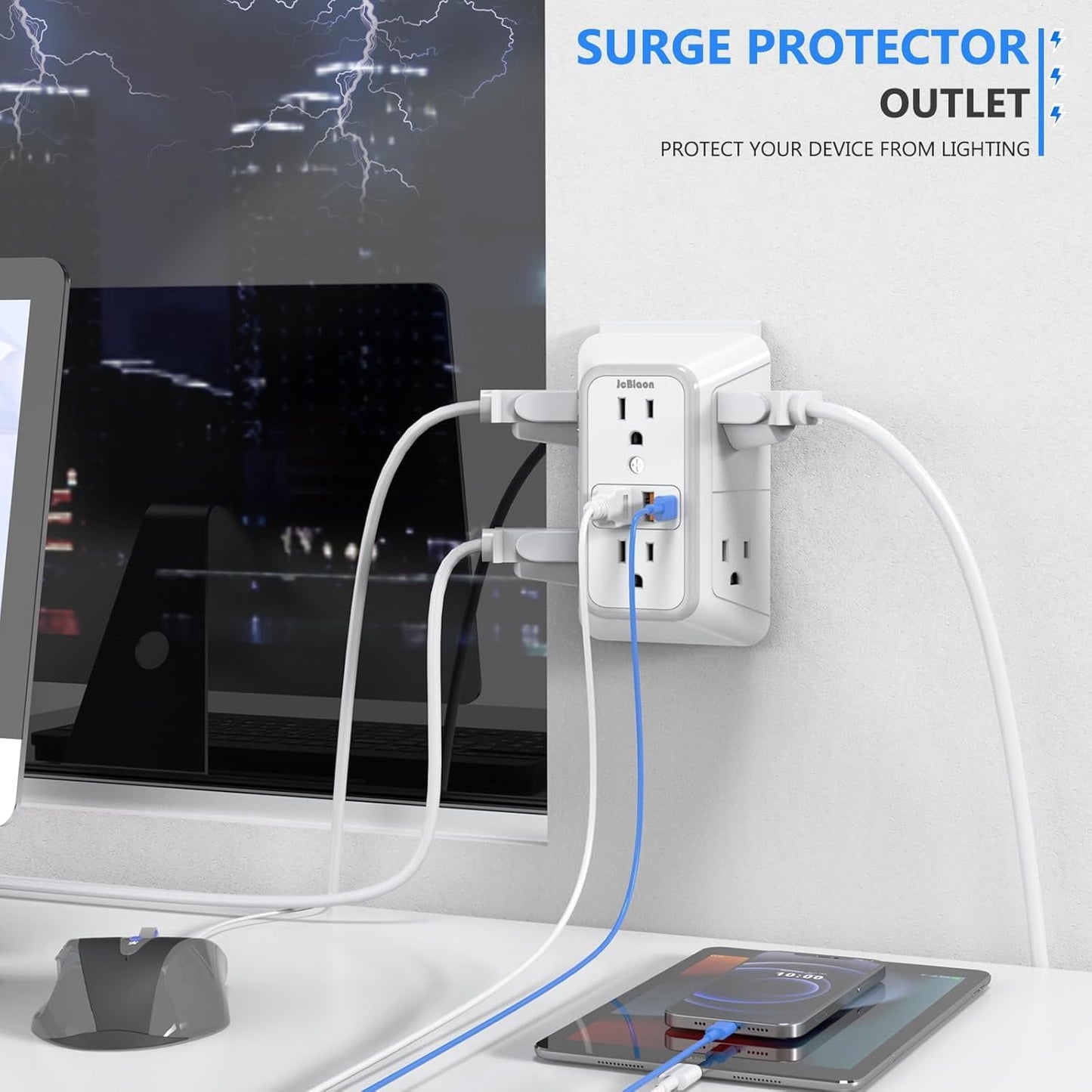 2 Pack Wall Charger, Surge Protector 6 Outlet Extender Multi Plug Wall Outlets with 4 USB Charging Ports (2 USB C Outlet) 3 Sided 1050J Power Strip Wall Adapter Spaced for Home Travel Office
