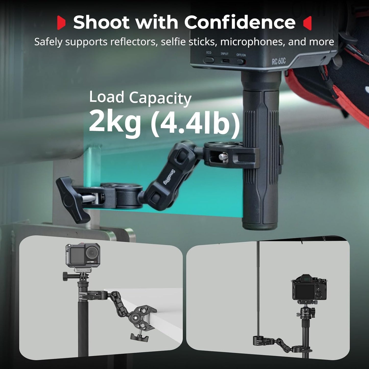 SMALLRIG Double Super Clamp Mount with Magic Arm, 360° Ballhead Pole Clamp for Umbrella, Chair Monitor Desk Photo Studio Light Stand, Photography Reflector, Motorcycle,Tripod Mount for Cross Bar