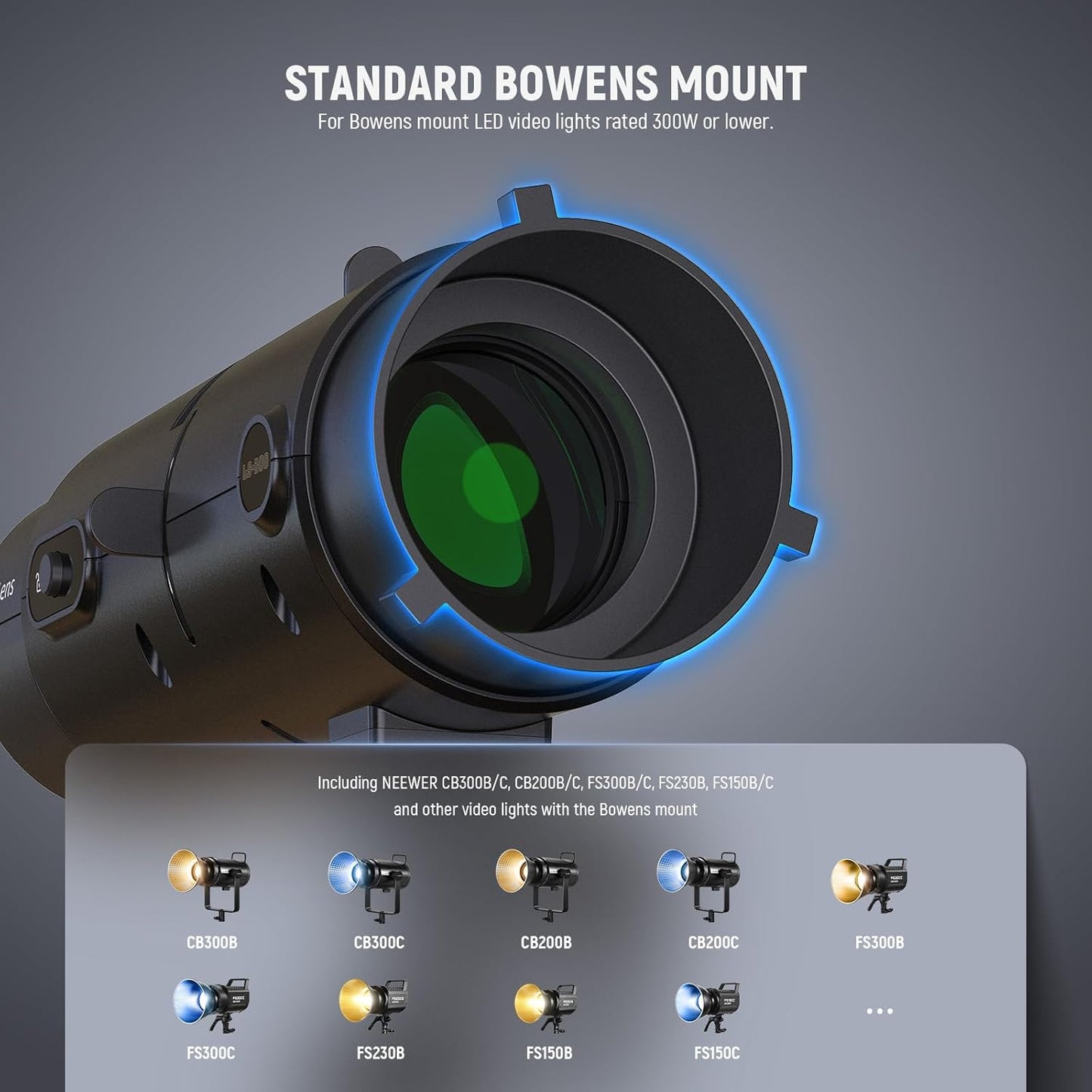 NEEWER LS-300 Spotlight Optical Snoot for 300W Bowens Mount LED Video Lights with 16x GOBO 19° Projection Lens 98% Light Transmittance Geometric Shaper for Creative Photography & Enhanced Illuminance
