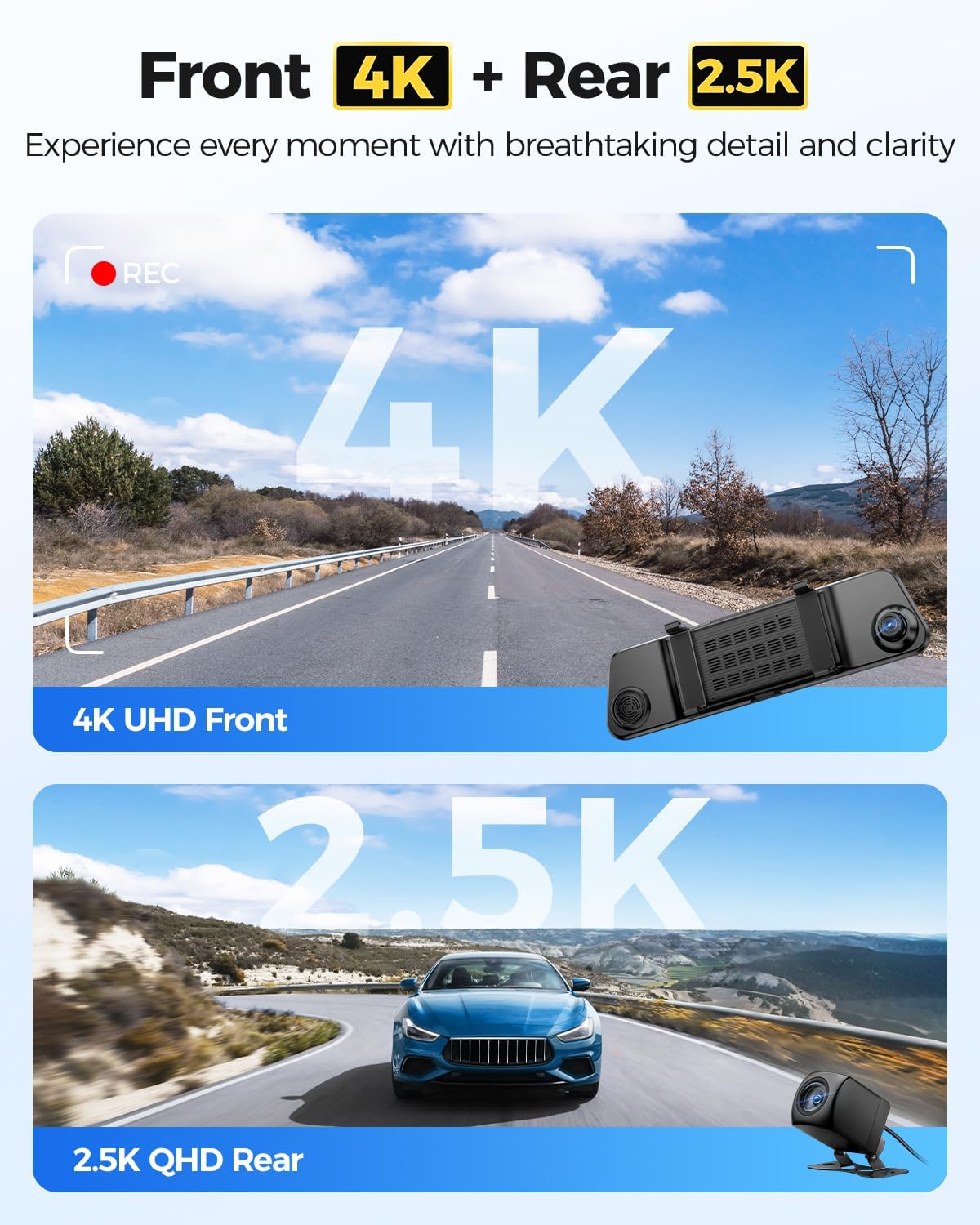 AZDOME PG17 Max 4K+2.5K Mirror Dash Cam with ADAS, BSD and LCA, 12" Rear View Mirror Camera with 5GHz WiFi and Voice Control, Rearview Mirror Backup Camera Includes 64GB Card, GPS, Parking Monitor