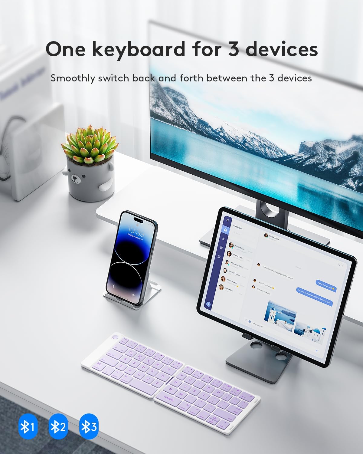 Samsers Bluetooth Foldable Keyboard, Wireless Portable Folding Keyboard, Full-Size Ultra-Slim Rechargeable Connect Up to 3 Devices for iOS Android Windows Phone Tablet and Laptop, Purple