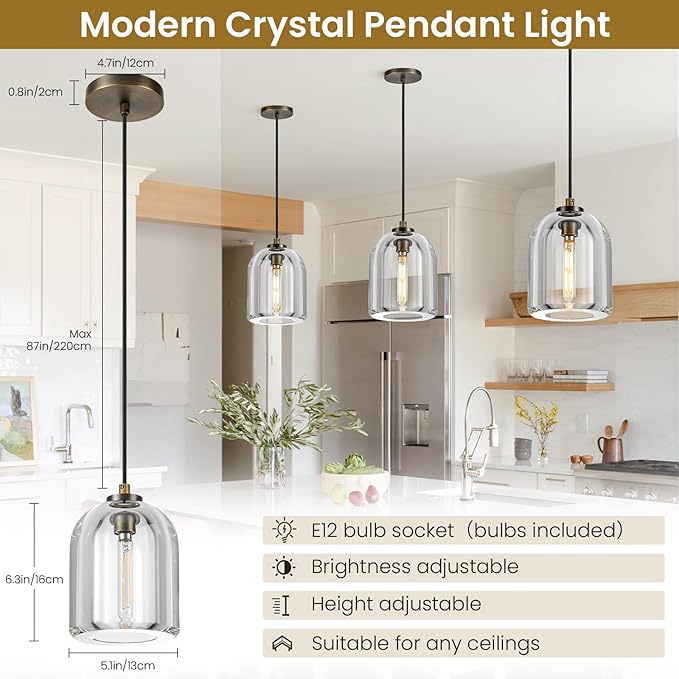 Crystal Aged Brass Pendant Light: 5.1" Dimmable Antique Copper Hanging Pendant Light Fixtures over Kitchen Island - Modern Luxury Cylinder Pendant Lighting for Bedroom Bathroom 3000k E12 Bulb Included