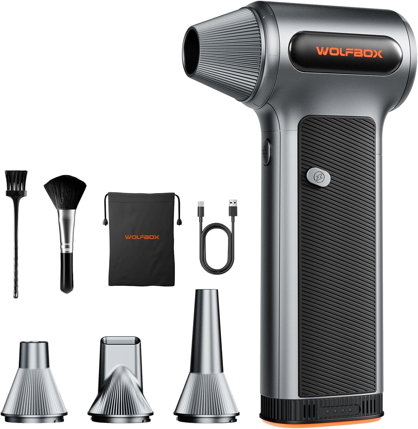 WOLFBOX MF200 Electric Air Duster with Removable Battery & 4 Nozzles, Cordless 3-Speed Adjustable Mini Blower for Computer Keyboard, Car Cleaning, Home, and Outdoor Use