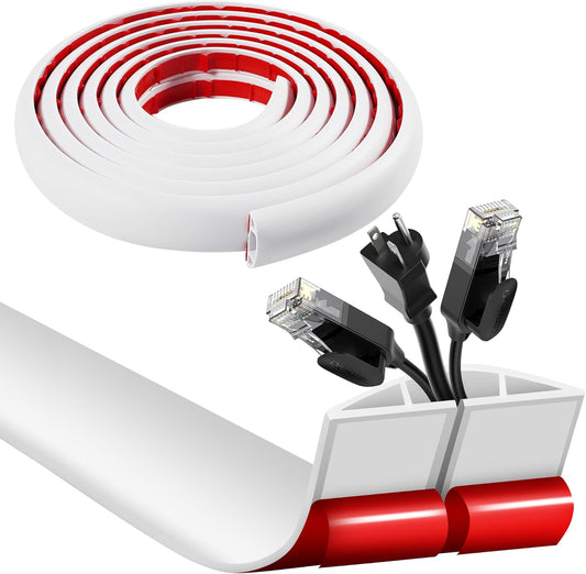 10ft Self Adhesive Floor Cord Cover, Cable Cavity:0.61" (W) x 0.32" (H), Heavy Duty Soft PVC Cable Protector and Extension Cord Hider,Cord Management System to Hide Wires on Floor, White