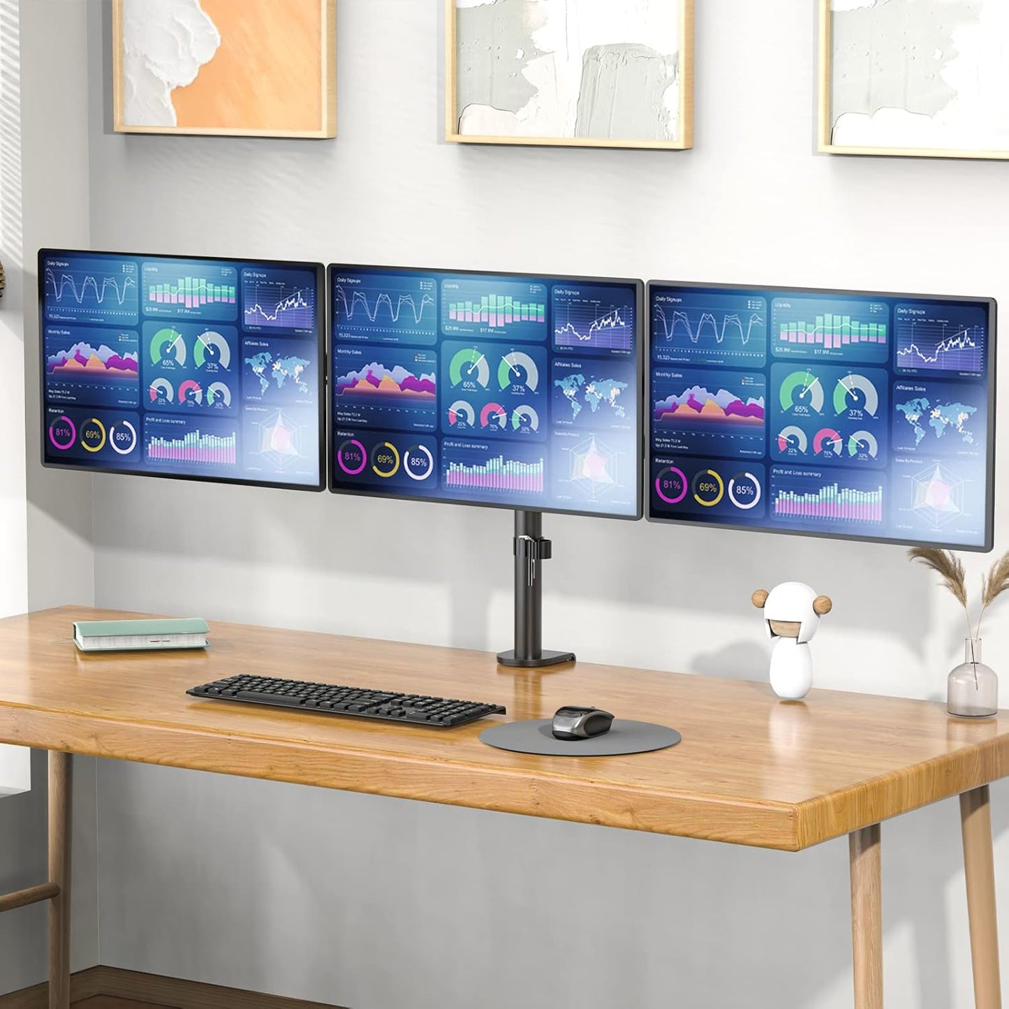 WALI Triple Monitor Mount, 3 Monitor Desk Mount for 13-27 inch Computer Screens, Holds up to 22 lbs, Triple Monitors Stand for Desk, with Tilt, Swivel, Rotation, VESA 75/100mm (M003S), Black