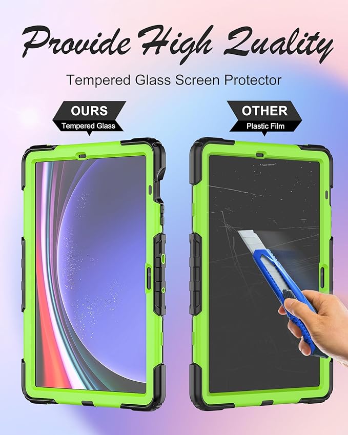 Case for Samsung Galaxy Tab S10 Plus/ S9 FE Plus/ S9 Plus 5G Tablet 12.4'', Shockproof Protective Cover with [Tempered Glass Screen Protector], Stand, Shoulder Strap & S Pen Holder (Green)