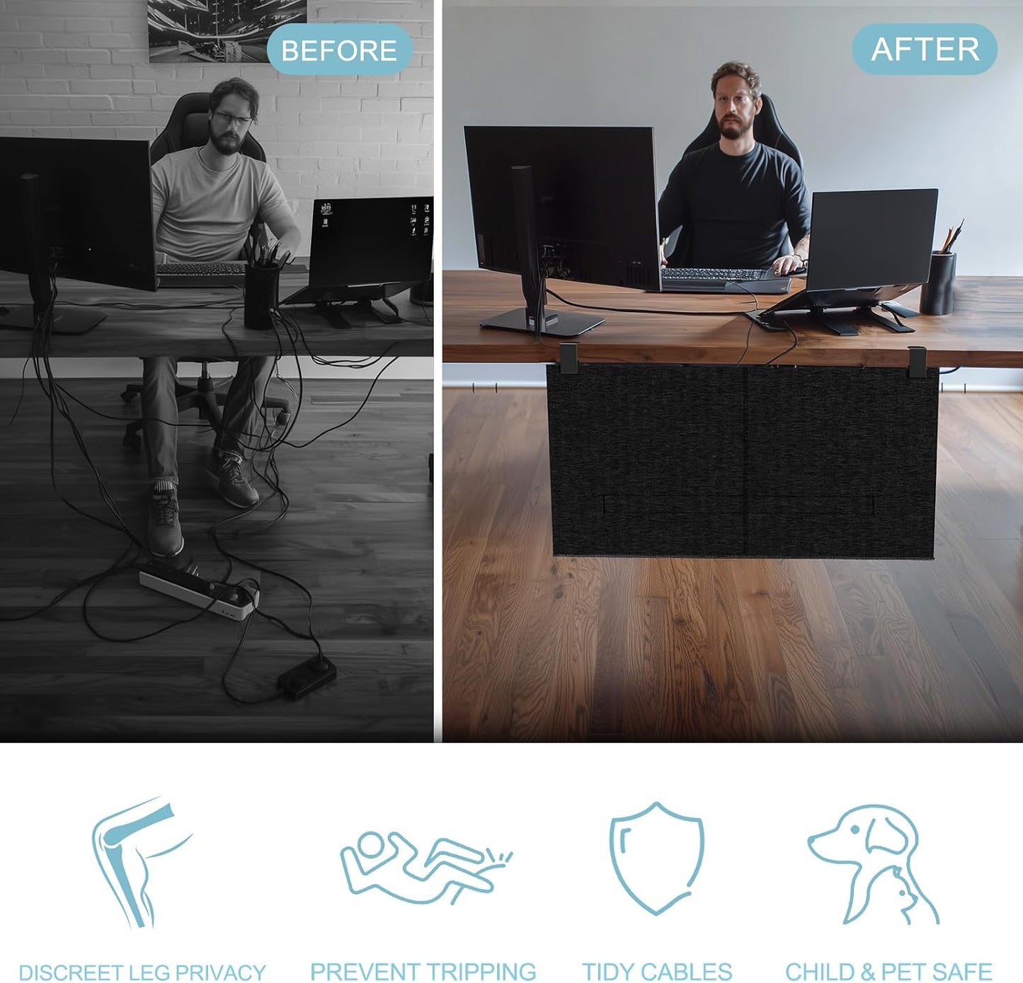No Drill Under Desk Cable Management and Privacy Panel 2 in 1 | Modesty Panel with Cord Organizer |Felt Standing Desk Back Skirt for Office,Home(23.6")