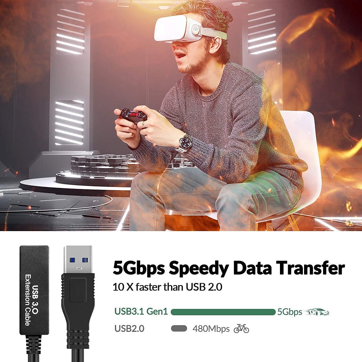 33FT USB 3.0 Active Extension Cable,USB Extension Cord A-Male to A-Female,Compatible with Oculus Quest 3 VR,Headset,Hard Drive,Printer,Webcam,Scanner,PS4 More