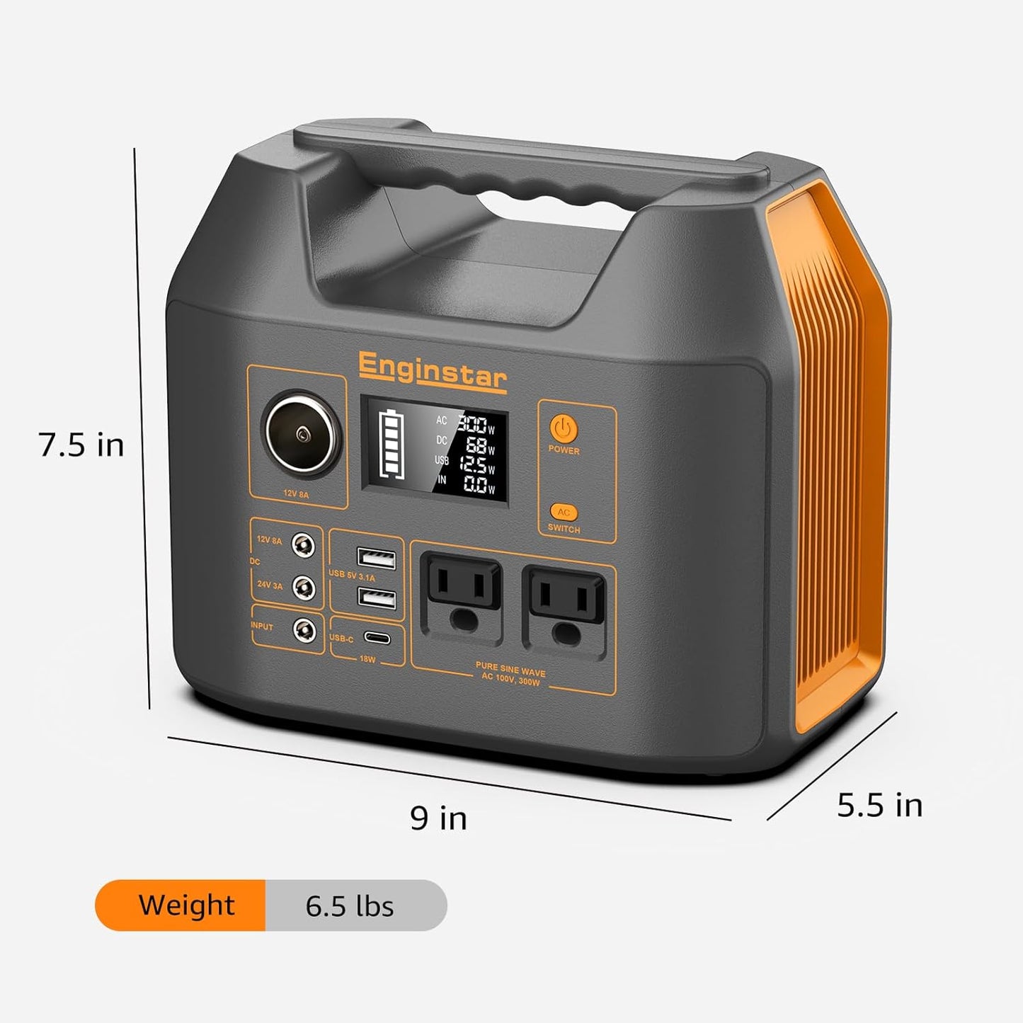 Portable Power Station EnginStar 300W Solar Generator 110V 296Wh Power Bank Two Pure Sine Wave AC Outlet 80000mAh Lithium Battery Pack for Camping Outdoors Trip RV Hunting Vans Emergency Backup