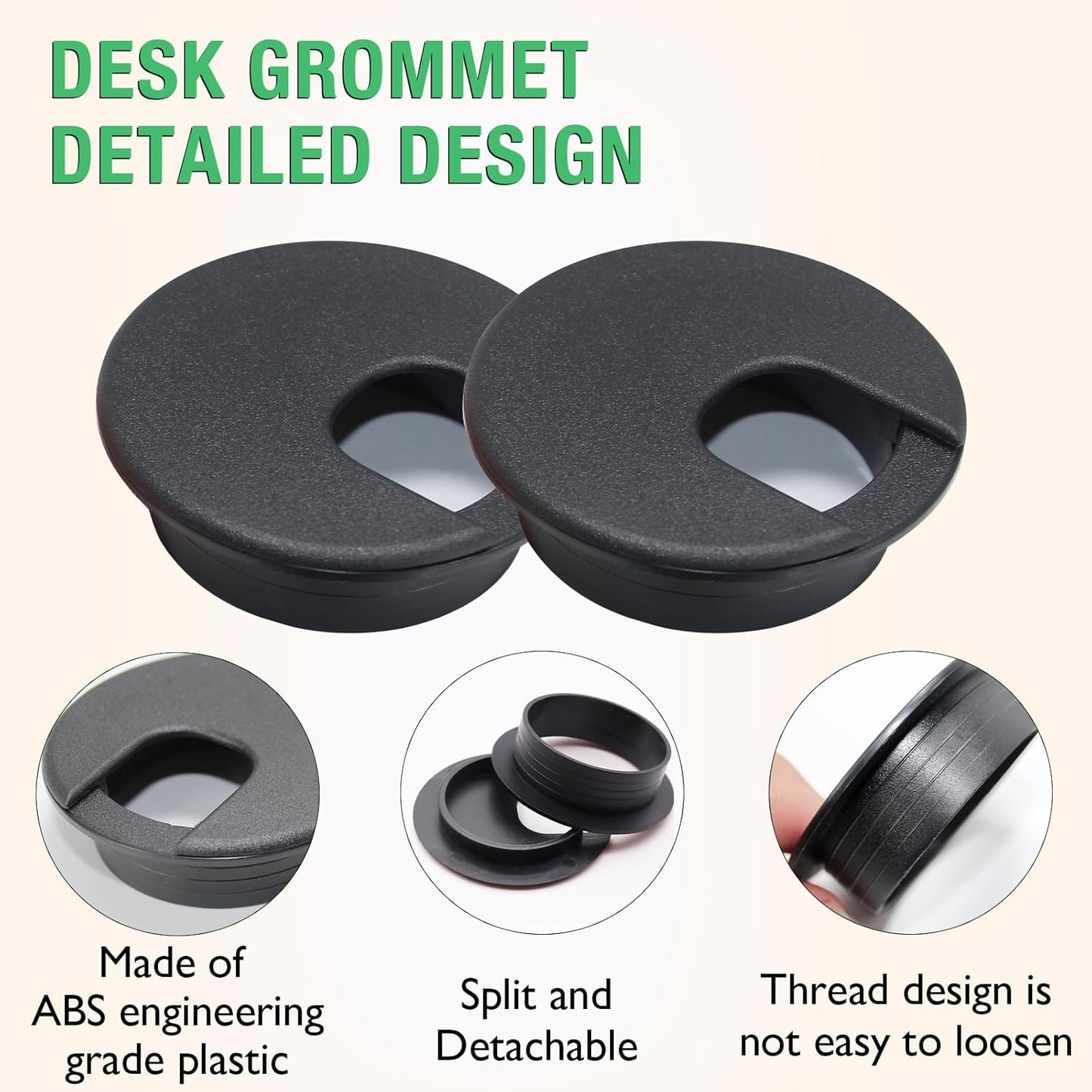 2 Pcs Desk Grommet 2" / 50 mm, Desk Cord Hole Cover, Cable Grommet ABS Plastic, Desk Hole Grommet for Home & Office Pc, Detachable Cable Cord Organizer-Black