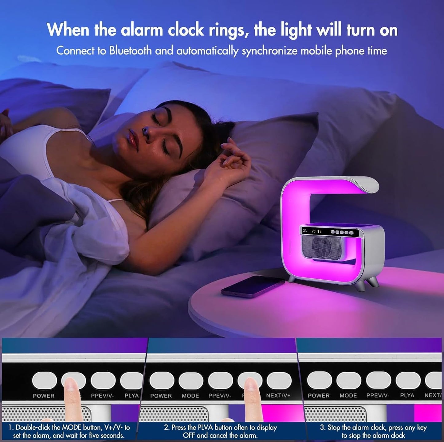Table Lamp with Hi-Fi Bluetooth Speaker, Bedside LED Lamp with Up to 15W Qi Wireless Charger, Color Changing Mood Lamp with Alarm Clock, Desk Lamp for Bedroom, Nightstand, Home Decor, Gift - g3