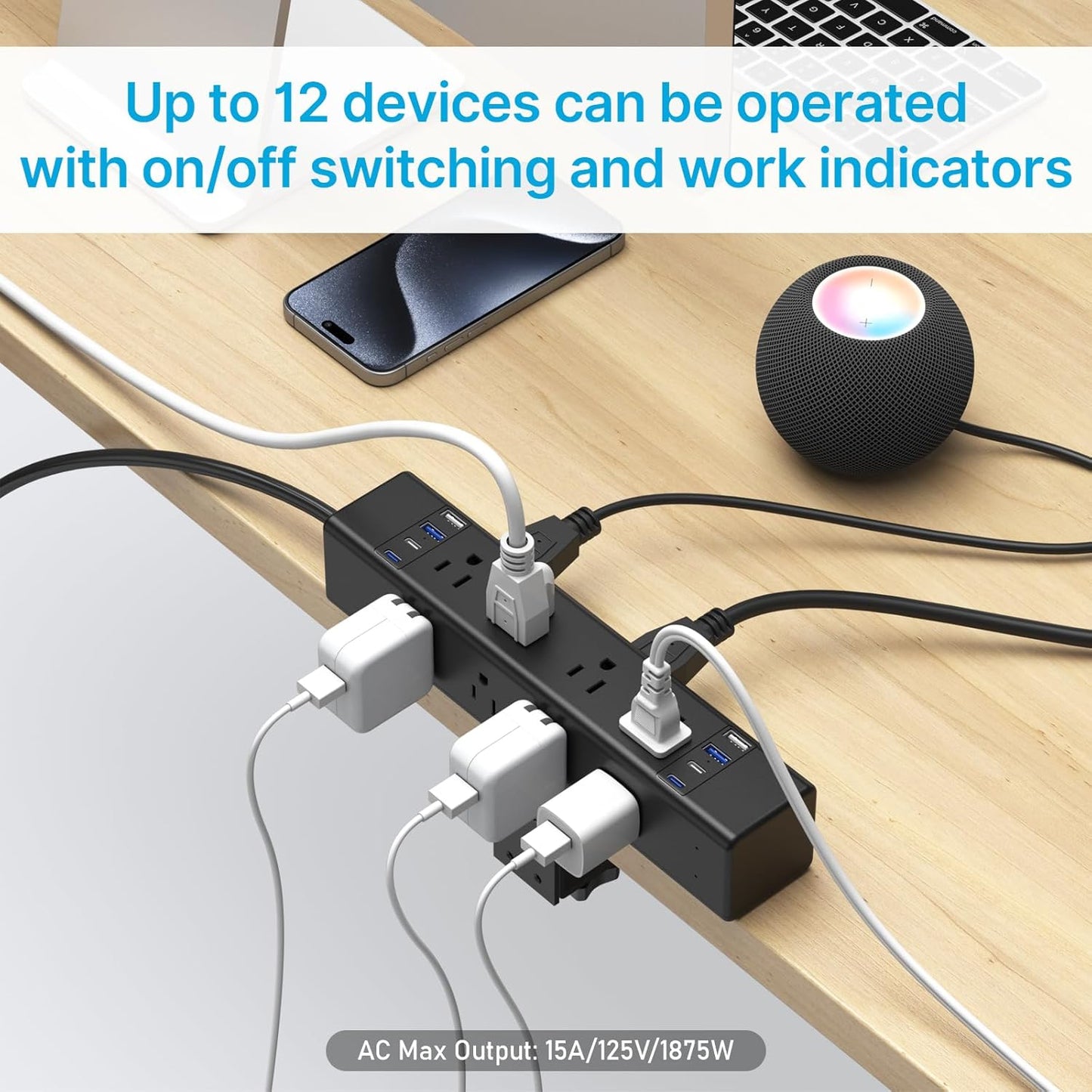 CCCEI Desk Outlet Station 20W USB C Port. 12 Outlet Desktop Clamp Power Strip Surge Protector 4800J with Switch. Nightstand Office Standing Desk Accessories Fit Thicker Table Edge or Screw Mount, 10FT