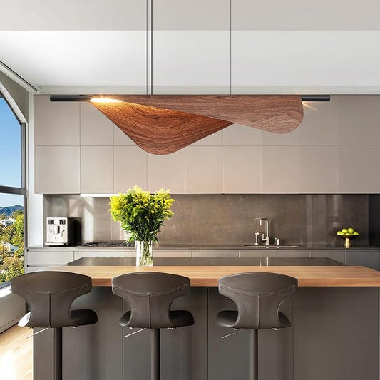 Walnut Pendant Lights Kitchen Island 39.4In Dimmable Wood Grain Linear Kitchen Chandeliers Over Table Hanging Light Fixture for Dining Room