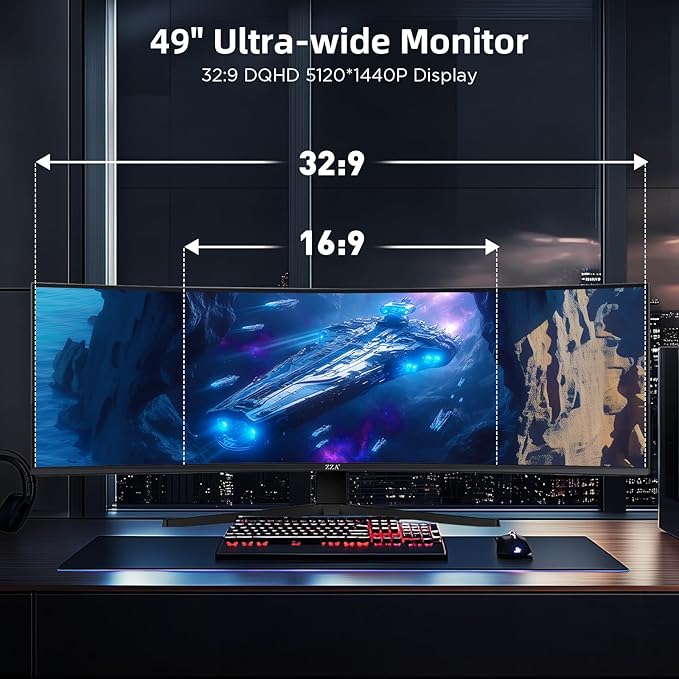 49 Inch Ultrawide Curved Gaming Monitor, Dual QHD 5120×1440 32:9, 165Hz 1ms, HDR, G-Sync & FreeSync Compatible, 1500R VA Display, Low Blue Light, HDMI & DP, Height Adjustable, VESA Mountable