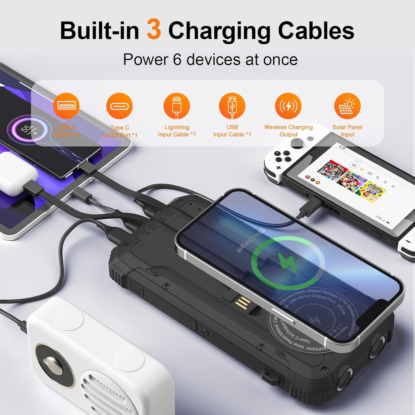 Solar Power Bank 20000mAh Wireless Portable Charger Built-in 3 Cables 15W USB-C Fast Charging Battery Pack Compatible with iPhone, Samsung, iPad, Emergency LED Flashlights Perfect for Camping, Hiking