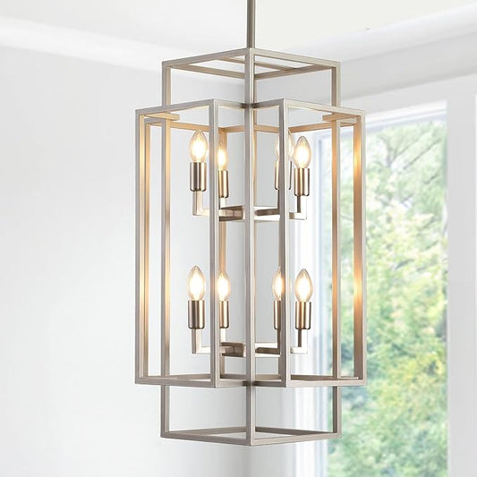 WJShome 31.5" Farmhouse Chandelier, Large Chandeliers for High Ceilings, Modern Foyer Lighting Fixtures, 8-Light Silver Tiered Lantern Pendant Light, for Living Room Staircase Entryway