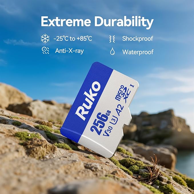 Ruko 256GB Micro SD Card with Adapter & Reader, A2, Class10, UHS-I U3/V30, 4K UHD, Up to 100MB/s Read, TF Memory Card for Drone, Camera, Gaming Console