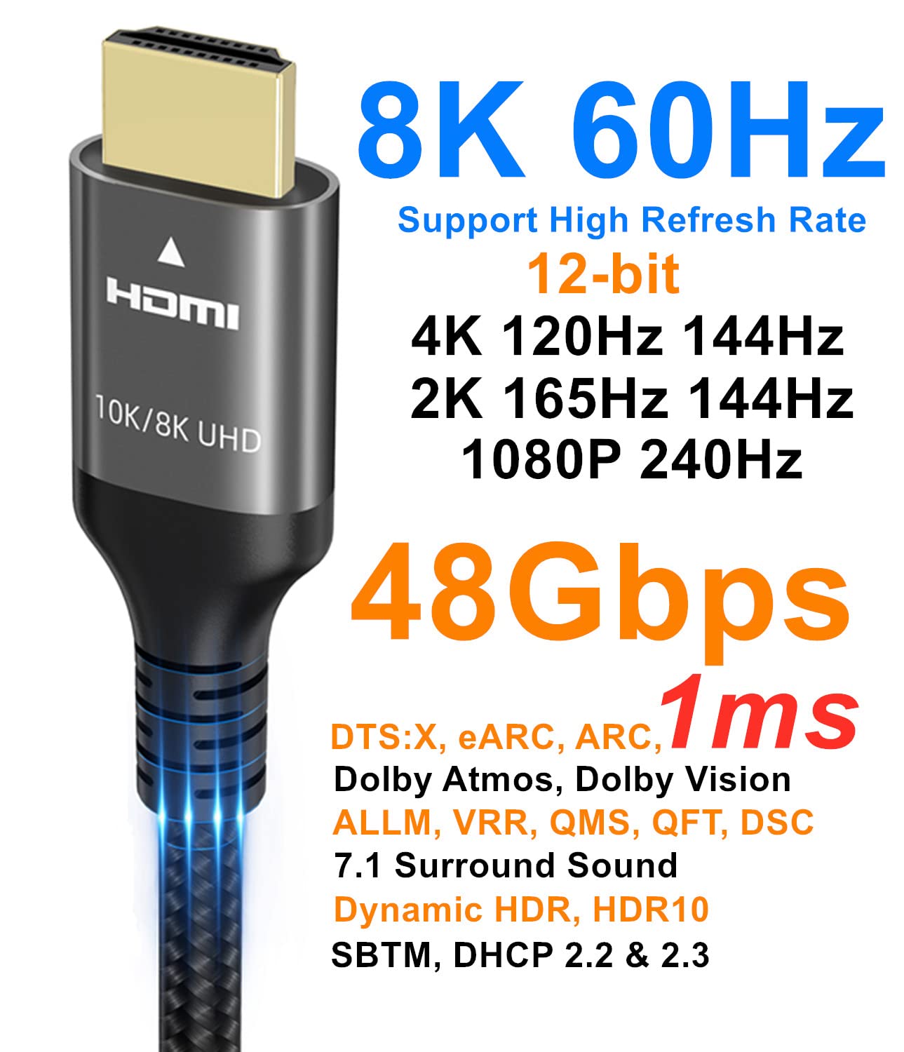 10K 8K 4K HDMI Cable 48Gbps 1.5 FT, Certified Ultra High Speed HDMI® Cable 4K 240Hz 144Hz 120Hz 8K60Hz 0.01ms HDR10+ eARC HDCP2.3 Netflix Roku TV PC Monitor Projector PS5 Xbox