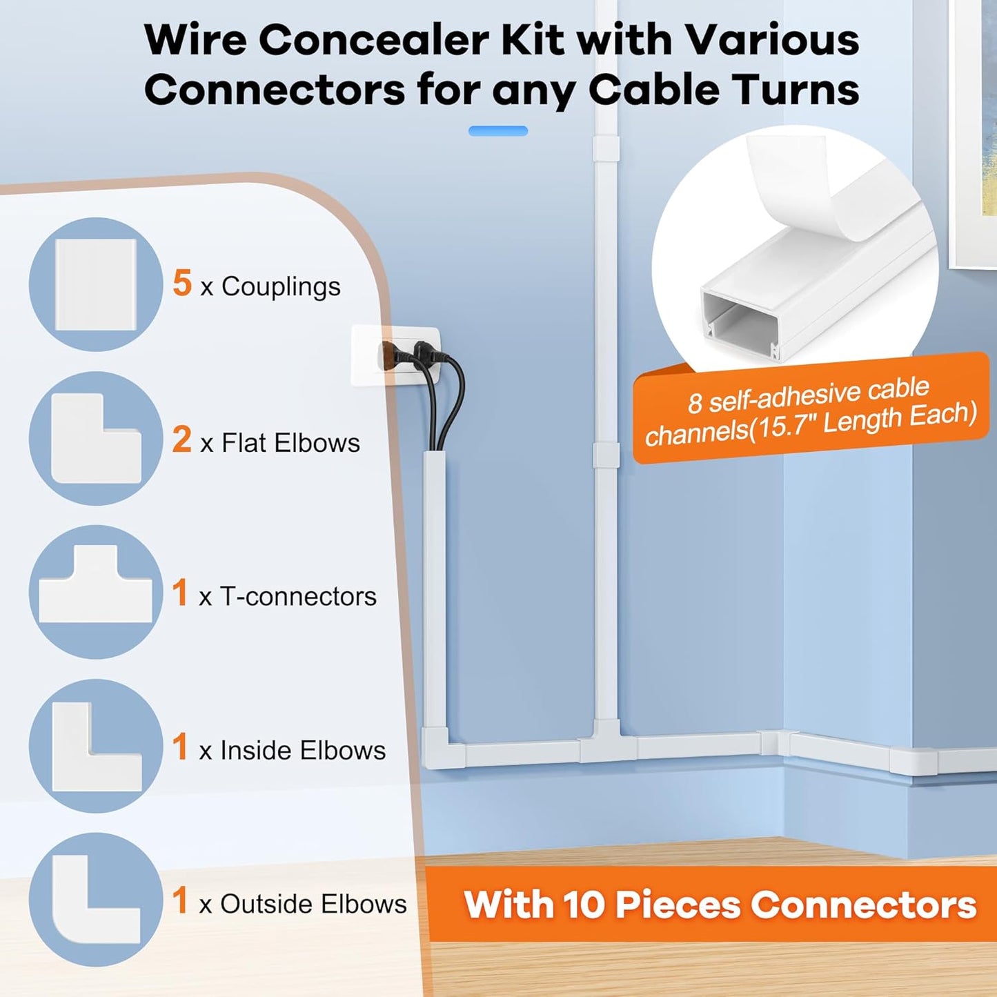126in Cord Hider Kit, TV Wire Covers for Wall, Paintable Cable Management Kit, Cable Cover for Mounted TV, Hide Wires Along Wall, Brown Cord Cover, 8xL15.7in W0.95in H0.55in