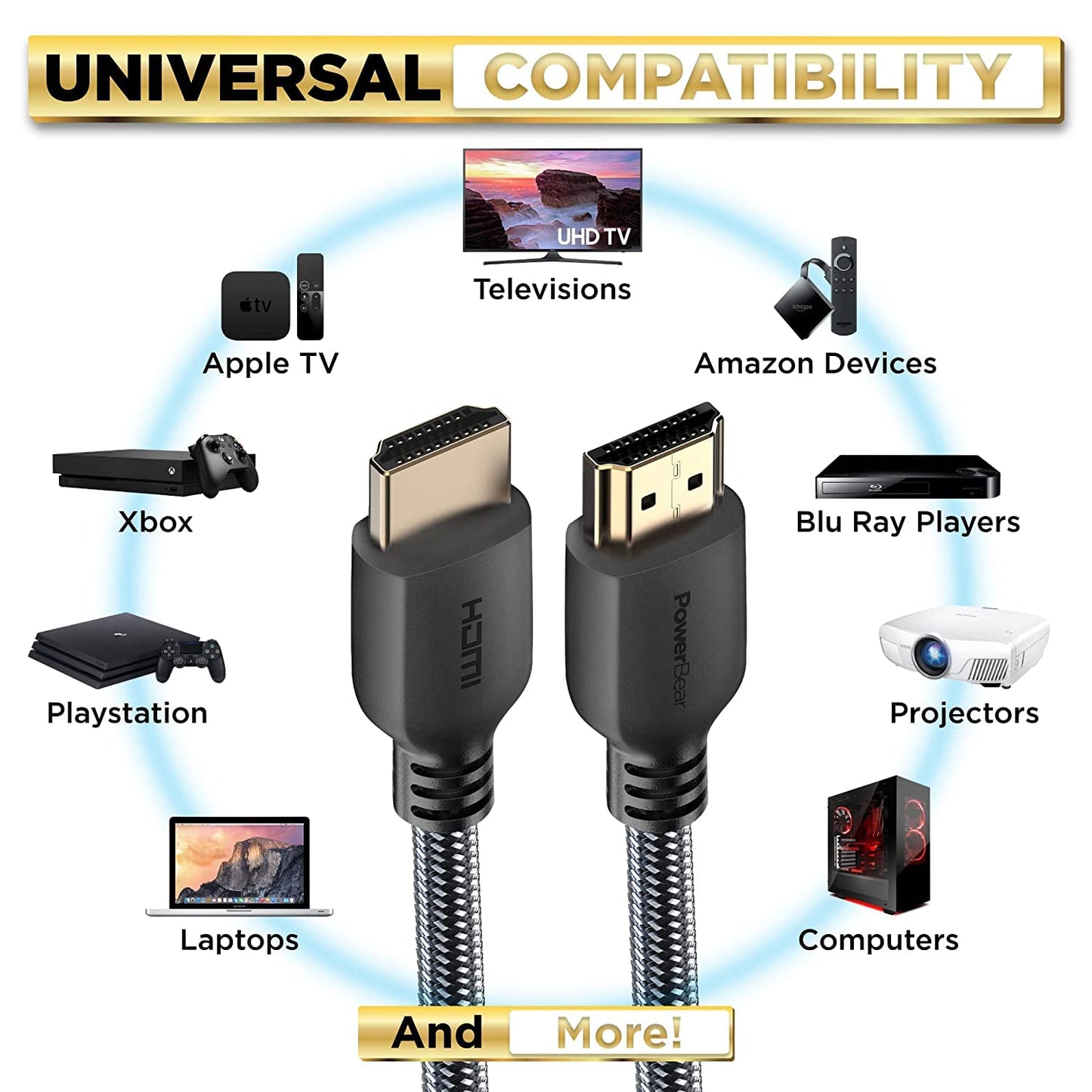 PowerBear 4K HDMI Cable 20 ft | High Speed Hdmi Cables, Braided Nylon & Gold Connectors, 4K @ 60Hz, Ultra HD, 2K, 1080P, ARC & CL3 Rated | for Laptop, Monitor, PS5, PS4, Xbox One, Fire TV, & More