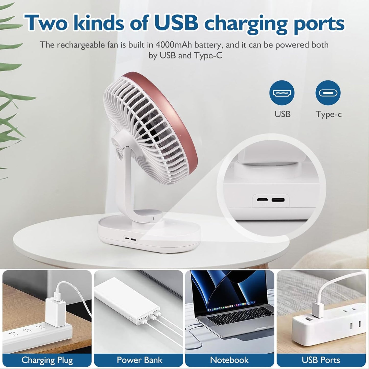 CONBOLA Small Desk Fan for Bedroom, 4000mAh Battery Powered Rechargeable Fan, 90° Vertical Manual and 120° Oscillating Fan, 4 Speeds Quiet Air Circulator Table Fan for Home Office, Pink