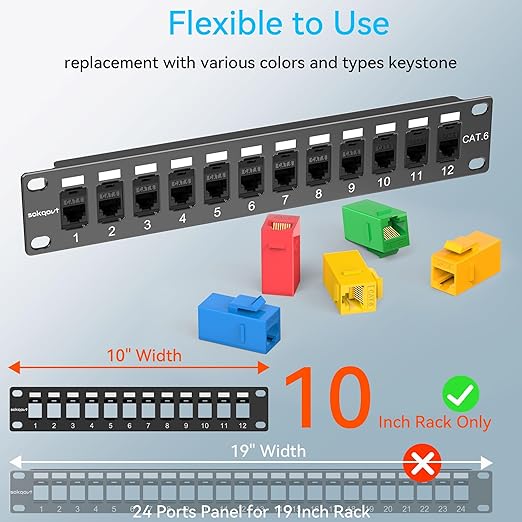 Mini Patch Panel 12 Port Cat6 with Coupler Keystone, Cat6 Network Panel 10G No Punch Down, Time-Saver Ethernet 1U Rj45 Panel, Rackmount 10 Inch Coupler Patch Panel