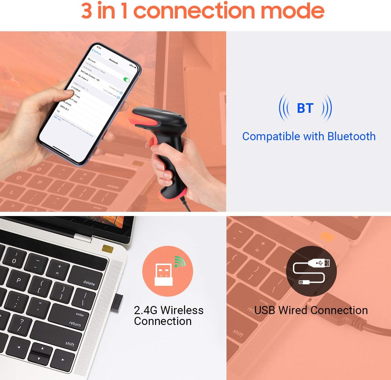 Tera Pro Wireless 2D QR Barcode Scanner 3 in 1 Bluetooth & 2.4GHz Wireless & USB Wired Connection Connect Smart Phone Tablet PC Image Bar Code Reader with Vibration Alert Model HW0002-O