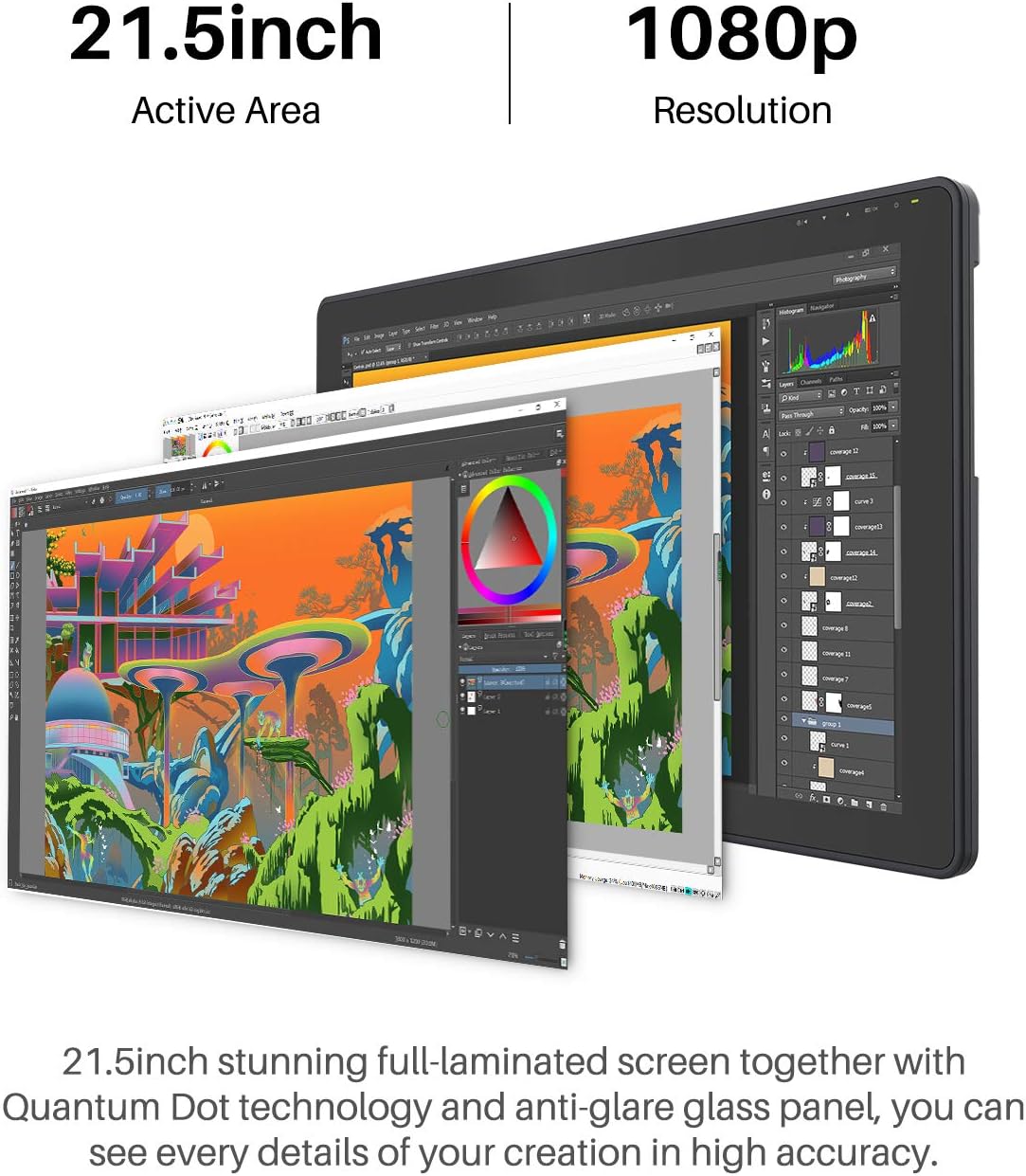 HUION Kamvas 22 Plus QLED Drawing Tablet with Full-Laminated Screen USB-C Connection 140% sRGB Tilt, 21.5 inch Graphics Art Tablet for Artist & Designer, Work with Mac, Windows, Linux & Android Black