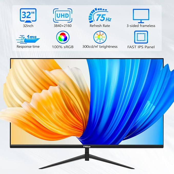 32 Inch 4K UHD 3840 * 2160 Computer Monitor 75hz 1MS, IPS Monitor for Design, Casual Gaming, Work, Ultra-Slim Bezel Monitor Support Adaptive-Sync,100% sRGB,HDR,2X DP & 2X HDMI, VESA 100 * 100mm