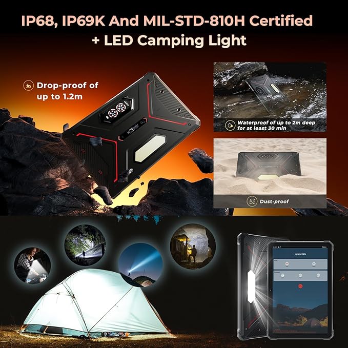 HOTWAV R9 Pro 2025 Rugged Tablet Android 14-2K 11 Inch 20080mAh Waterproof Tablet, 20GB+256GB/2TB SD Outdoor Tablets, 64MP+16MP Camera IP68&IP69K/Dual SIM 4G/WiFi 5/Face ID, GPS/OTG/Camping Lantern