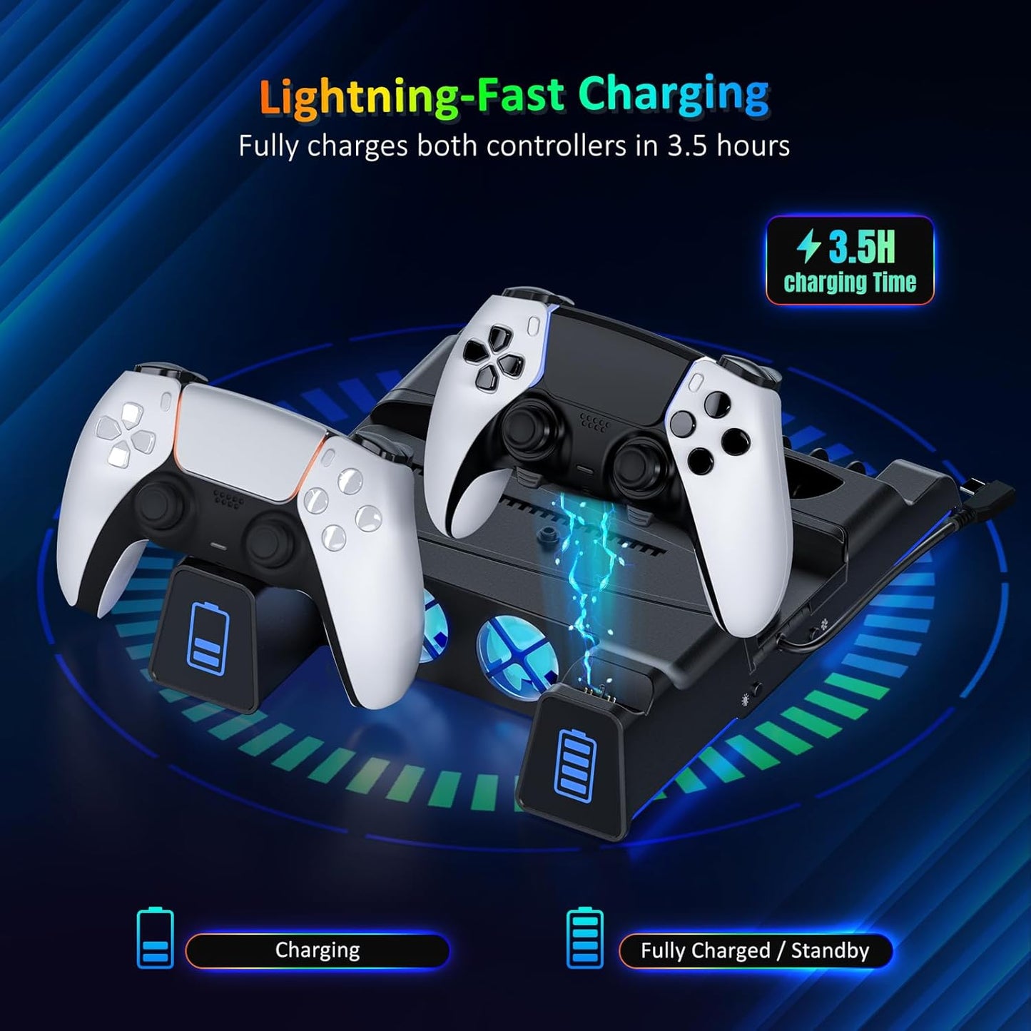 NexiGo PS5 Silent Cooling Stand for Both PS5 and New PS5 Slim Consoles, RGB LED Light, Dual Charging Station, Compatible with Dual_Sense Edge Controller, Hard Drive, Headset and Remote Holder, Black